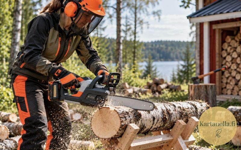 Akkumoottorisahan-turvallinen-kaytto-asianmukaisilla-suojavarusteilla.